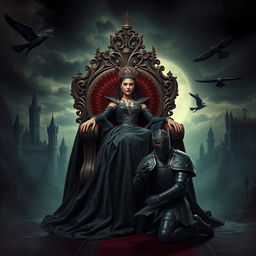 A powerful image of the Queen of the Dark seated on an ornate throne, exuding an air of majesty and dominance