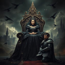 A powerful image of the Queen of the Dark seated on an ornate throne, exuding an air of majesty and dominance