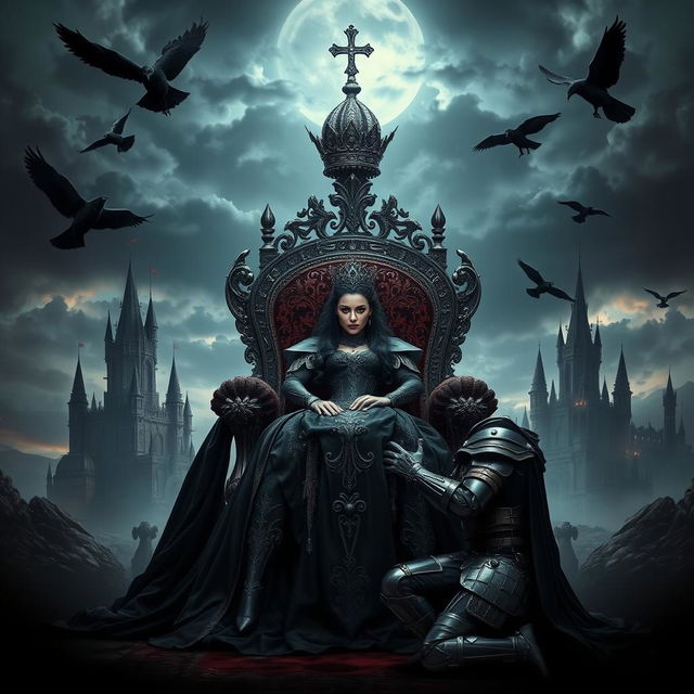 A powerful image of the Queen of the Dark seated on an ornate throne, exuding an air of majesty and dominance