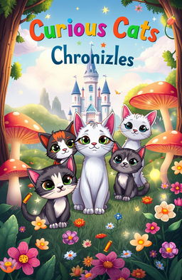 A whimsical cover design for a children's fantasy book titled 'Curious Cats Chronicles'