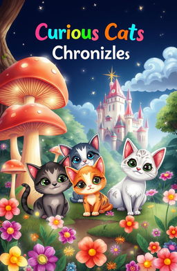 A whimsical cover design for a children's fantasy book titled 'Curious Cats Chronicles'