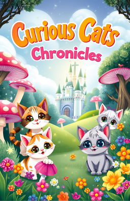 A whimsical cover design for a children's fantasy book titled 'Curious Cats Chronicles'