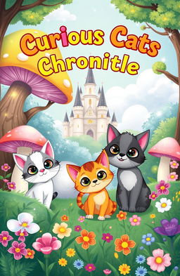 A whimsical cover design for a children's fantasy book titled 'Curious Cats Chronicles'