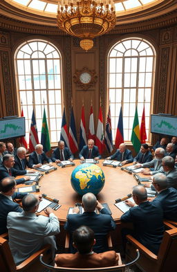 A detailed representation of global politics showcasing various world leaders engaged in a high-stakes international summit