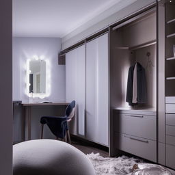 A modern themed grey and white room featuring a comfortable bed, a table and chair, a cozy bean bag, a sleek closet, and a beautifully designed makeup mirror.