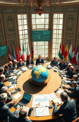 A detailed representation of global politics showcasing various world leaders engaged in a high-stakes international summit