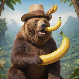 Animated drawing of a bear with a hat on eating a banana, confidently riding on the back of a majestic lion in paradise.