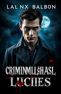 A captivating book cover design featuring a handsome young detective with piercing eyes, dressed in a vintage detective outfit