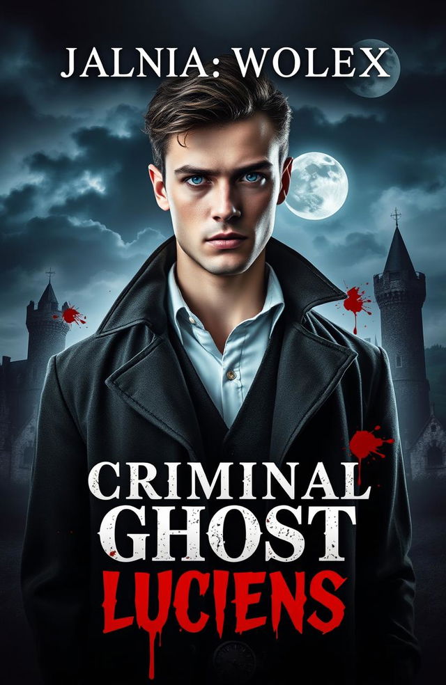 A captivating book cover design featuring a handsome young detective with piercing eyes, dressed in a vintage detective outfit