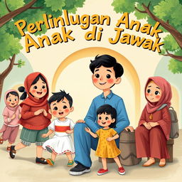 Ilustrasi kartun yang ceria tentang Perlindungan Anak di Jawa, menampilkan suasana masyarakat yang aktif dan bersatu dalam melindungi hak anak-anak