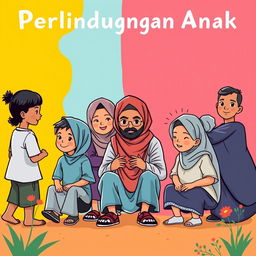 Ilustrasi kartun yang ceria tentang Perlindungan Anak di Jawa, menampilkan suasana masyarakat yang aktif dan bersatu dalam melindungi hak anak-anak