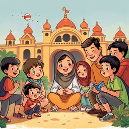 Ilustrasi kartun yang ceria tentang Perlindungan Anak di Jawa, menampilkan suasana masyarakat yang aktif dan bersatu dalam melindungi hak anak-anak