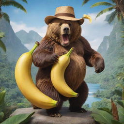 Animated drawing of a bear with a hat on eating a banana, confidently riding on the back of a majestic lion in paradise.