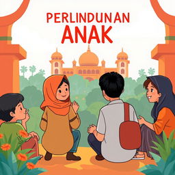 Ilustrasi kartun yang ceria tentang Perlindungan Anak di Jawa, menampilkan suasana masyarakat yang aktif dan bersatu dalam melindungi hak anak-anak