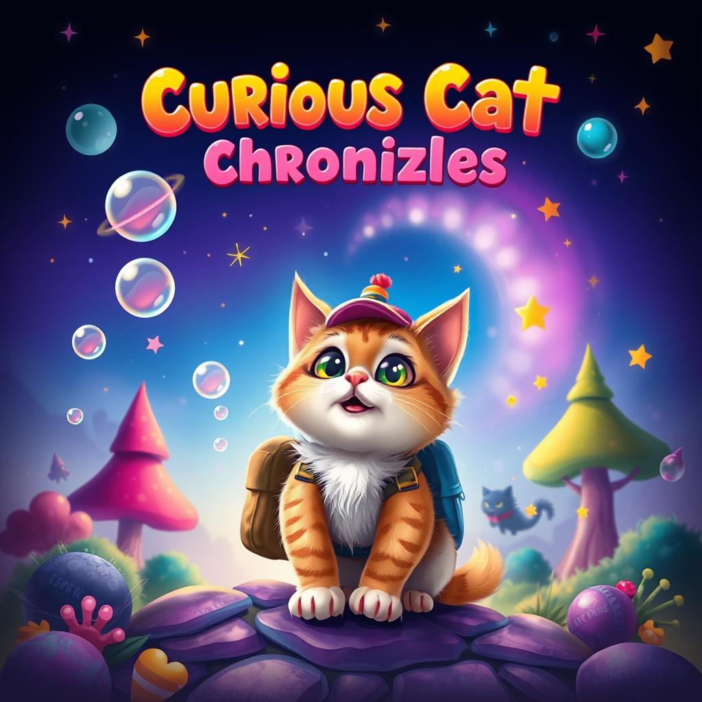 A vibrant fantasy book cover for a children's book titled 'Curious Cat Chronicles'