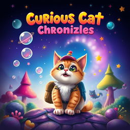 A vibrant fantasy book cover for a children's book titled 'Curious Cat Chronicles'