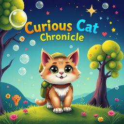 A vibrant fantasy book cover for a children's book titled 'Curious Cat Chronicles'