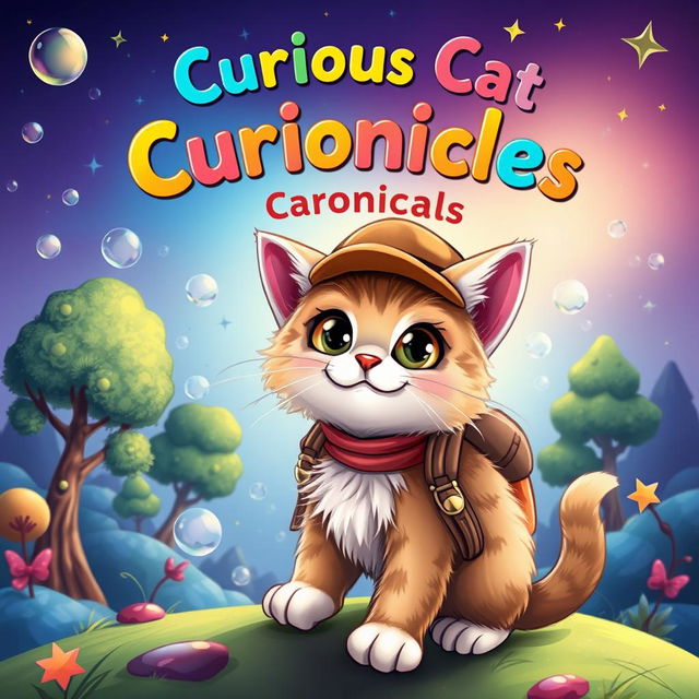 A vibrant fantasy book cover for a children's book titled 'Curious Cat Chronicles'