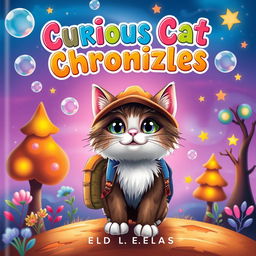 A vibrant fantasy book cover for a children's book titled 'Curious Cat Chronicles'