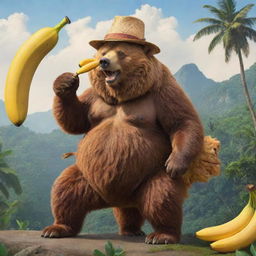 Animated drawing of a bear with a hat on eating a banana, confidently riding on the back of a majestic lion in paradise.