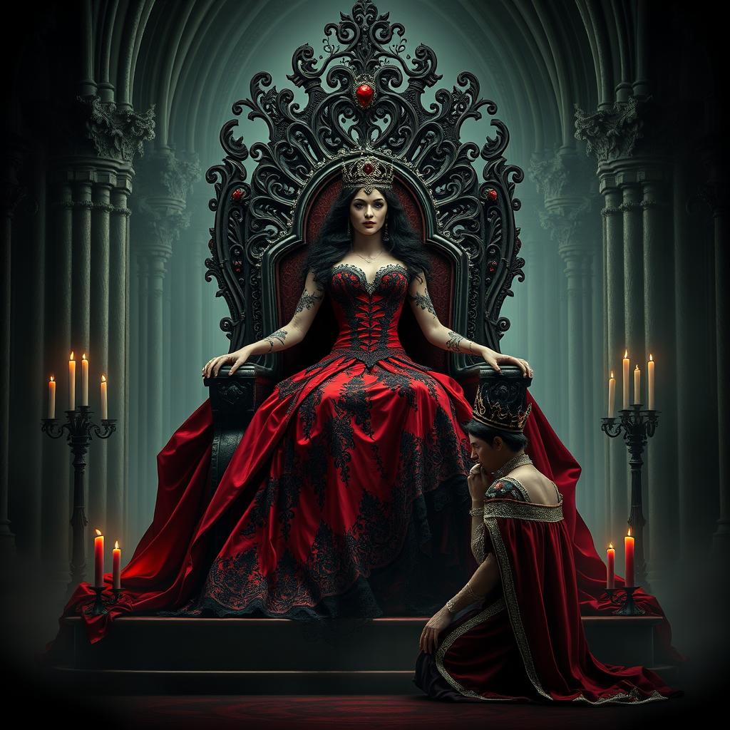 A dramatic portrayal of the Goddess of Love and Death seated on a magnificent gothic throne, radiating both power and beauty