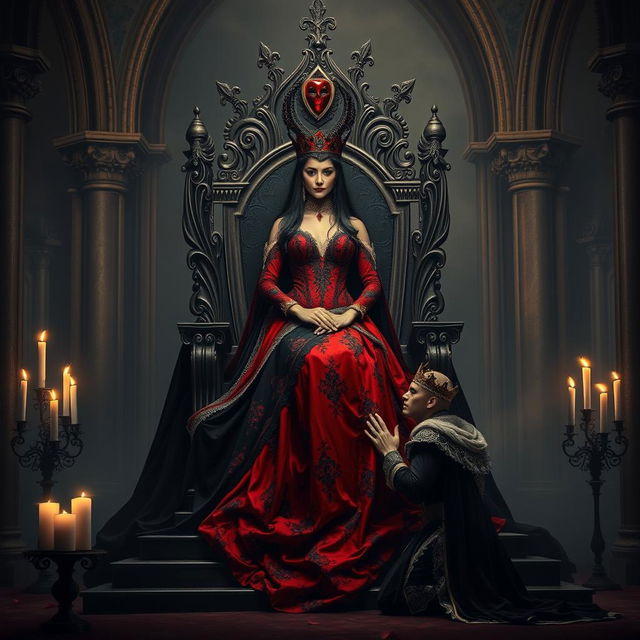 A dramatic portrayal of the Goddess of Love and Death seated on a magnificent gothic throne, radiating both power and beauty