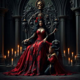 A dramatic portrayal of the Goddess of Love and Death seated on a magnificent gothic throne, radiating both power and beauty
