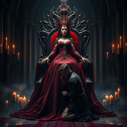 A dramatic portrayal of the Goddess of Love and Death seated on a magnificent gothic throne, radiating both power and beauty