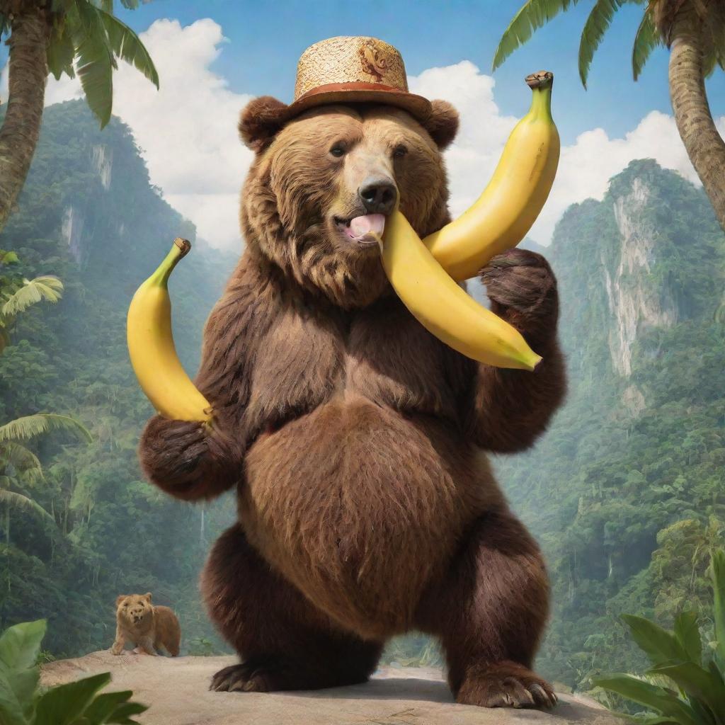 Animated drawing of a bear with a hat on eating a banana, confidently riding on the back of a majestic lion in paradise.