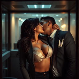 An intimate scene set in an office cabin featuring a sensual woman resembling Nushrat Bharucha, who is dressed in professional attire that reveals her cleavage and navel