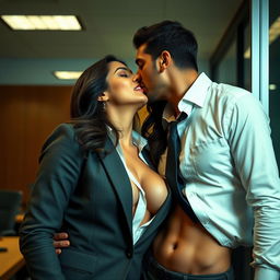 An intimate scene set in an office cabin featuring a sensual woman resembling Nushrat Bharucha, who is dressed in professional attire that reveals her cleavage and navel