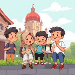Ilustrasi kartun yang ceria tentang Perlindungan Anak Terpadu Berbasis Masyarakat di Kota Yogyakarta