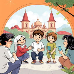 Ilustrasi kartun yang ceria tentang Perlindungan Anak Terpadu Berbasis Masyarakat di Kota Yogyakarta