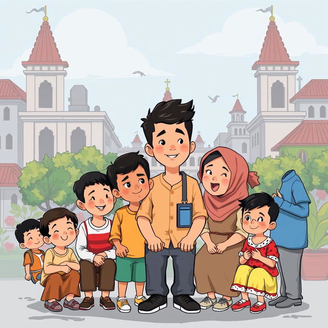 Ilustrasi kartun yang ceria tentang Perlindungan Anak Terpadu Berbasis Masyarakat di Kota Yogyakarta