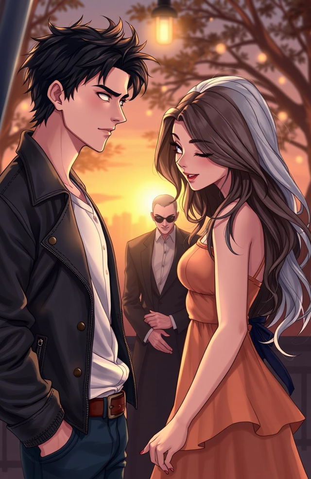 An illustrative depiction of a love triangle featuring three characters: a charming and confident man with tousled dark hair, wearing a stylish leather jacket; a captivating woman with long flowing brunette hair, dressed in a chic sundress, exuding warmth and affection; and an enigmatic figure, a woman with striking silver hair and an alluring gaze, dressed in elegant, dark attire