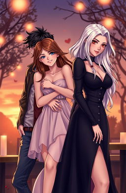 An illustrative depiction of a love triangle featuring three characters: a charming and confident man with tousled dark hair, wearing a stylish leather jacket; a captivating woman with long flowing brunette hair, dressed in a chic sundress, exuding warmth and affection; and an enigmatic figure, a woman with striking silver hair and an alluring gaze, dressed in elegant, dark attire