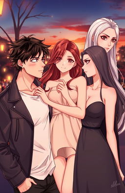An illustrative depiction of a love triangle featuring three characters: a charming and confident man with tousled dark hair, wearing a stylish leather jacket; a captivating woman with long flowing brunette hair, dressed in a chic sundress, exuding warmth and affection; and an enigmatic figure, a woman with striking silver hair and an alluring gaze, dressed in elegant, dark attire