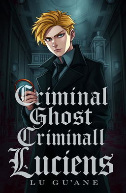 A young and handsome detective with striking yellow hair and an albino complexion, set against a dark and blood-soaked backdrop reminiscent of a royal palace