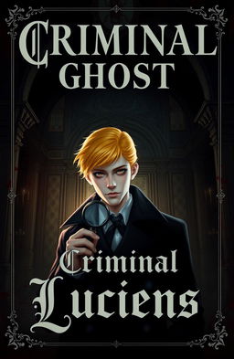 A young and handsome detective with striking yellow hair and an albino complexion, set against a dark and blood-soaked backdrop reminiscent of a royal palace