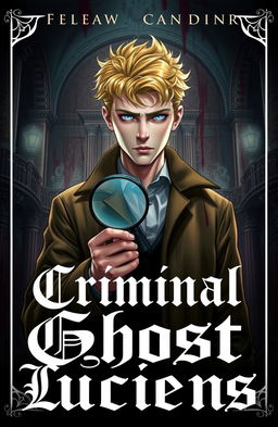 A young and handsome detective with striking yellow hair and an albino complexion, set against a dark and blood-soaked backdrop reminiscent of a royal palace