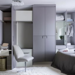 A modern themed grey and white room featuring a comfortable bed, a table and chair, a cozy bean bag, a sleek closet, and a beautifully designed makeup mirror.