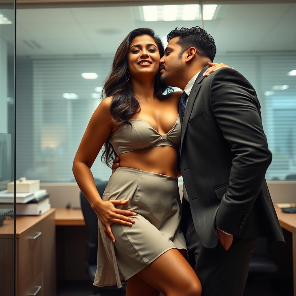 An intimate and sensual scene set in an office cabin featuring a woman resembling Nushrat Bharucha