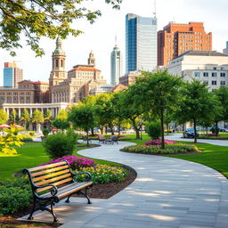A picturesque city scene featuring a beautiful urban park with a pathway winding through it