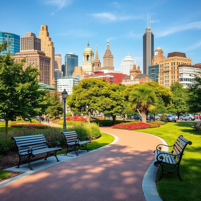 A picturesque city scene featuring a beautiful urban park with a pathway winding through it