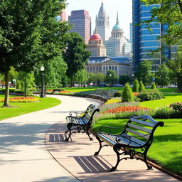 A picturesque city scene featuring a beautiful urban park with a pathway winding through it