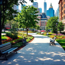 A picturesque city scene featuring a beautiful urban park with a pathway winding through it