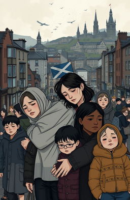 A poignant and evocative illustration capturing the essence of contemporary Scotland, reflecting the themes of familial love, societal struggles, and the duality of hate and love
