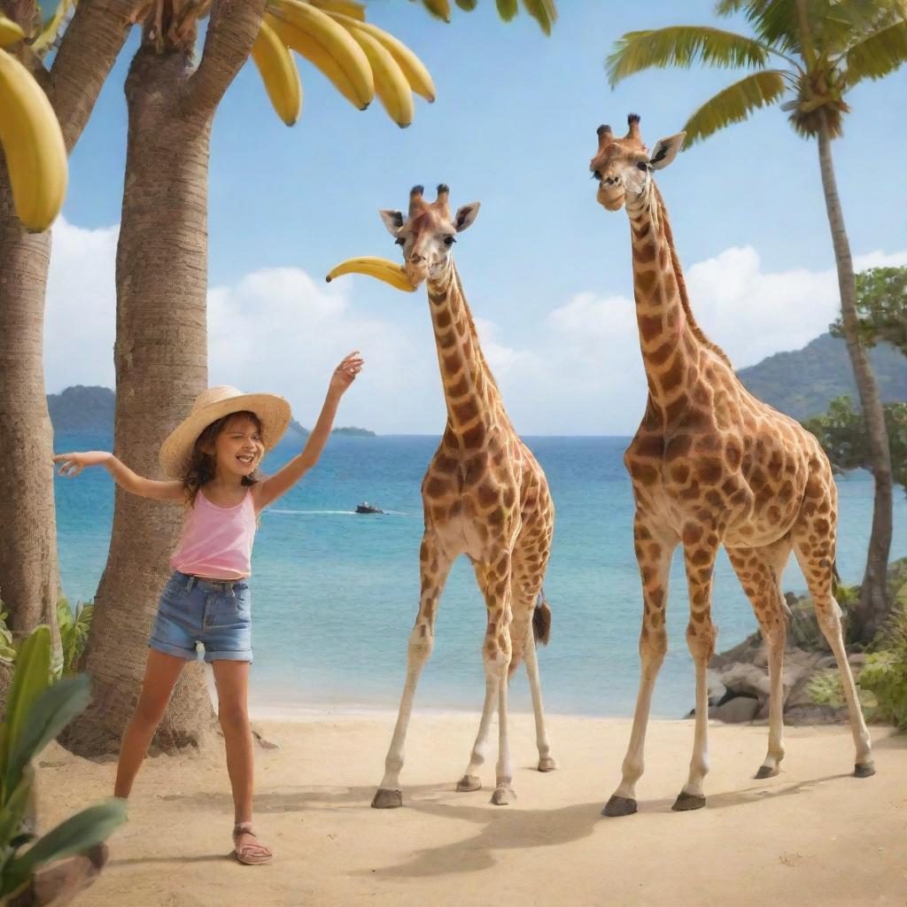 Animated drawing of a giraffe with a hat on eating a banana alongside a girl dancing joyfully in a paradise setting.