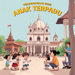 Ilustrasi kartun yang ceria tentang Perlindungan Anak Terpadu Berbasis Masyarakat di Kota Yogyakarta, menampilkan gedung-gedung khas Yogyakarta dan suasana kota yang padat
