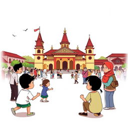 Ilustrasi kartun yang ceria tentang Perlindungan Anak Terpadu Berbasis Masyarakat di Kota Yogyakarta, menampilkan gedung-gedung khas Yogyakarta dan suasana kota yang padat
